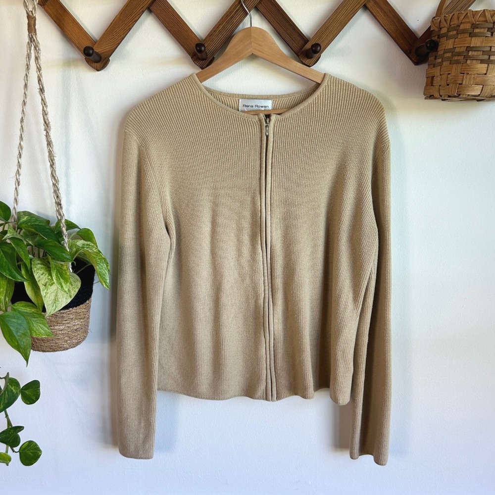 Vintage Rena Rowan Tan Beige Ribbed Full Zip Cardigan Sweater Large Cotton Blend